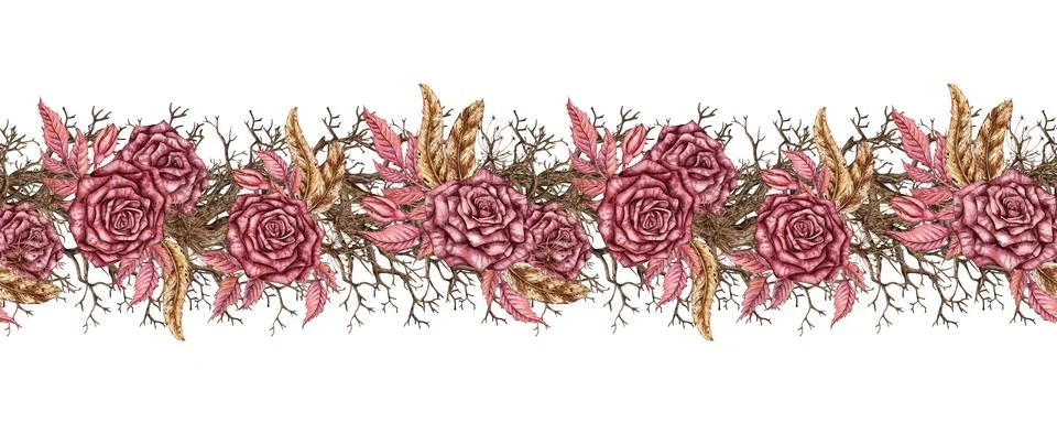 Driftwood roses pattern horizontal thick watercolor Stock Illustration
