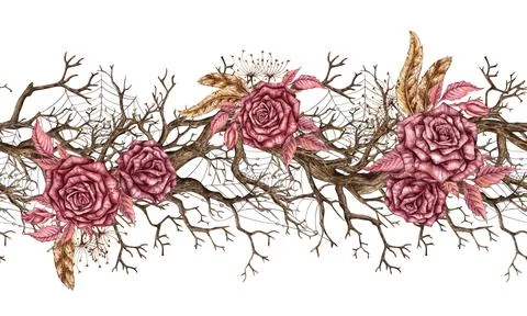 Driftwood roses web pattern horizontal watercolor Illustrazione stock