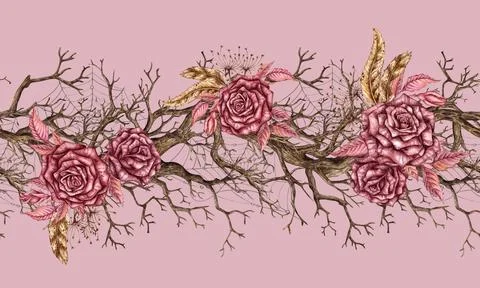 Driftwood roses web pattern horizontal on pink watercolor Illustrazione stock
