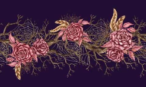 Driftwood roses web pattern horizontal on blue watercolor Stock Illustration