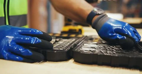 Drill bit, choice and tool box with hands in warehouse for logistics, packa.. Stock Photos