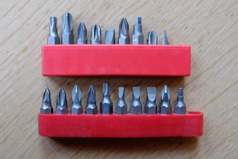 Drill bit collection of different sizes and character Stock Photos