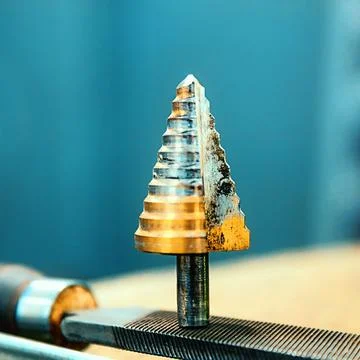 Drill bit or turner in shape of cone close-up. Object looks like Christmas tree. Stock Photos