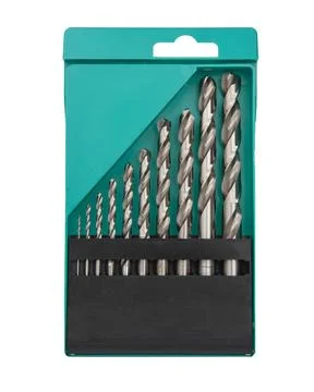 Drill bit set in box isolated on white Stock Photos