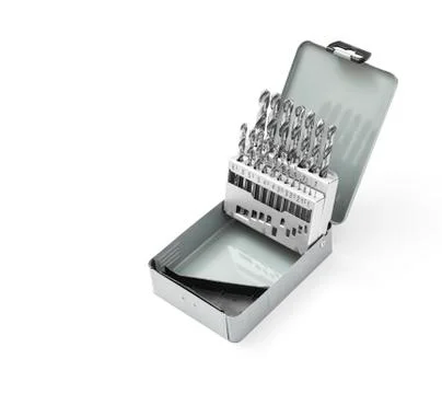 Drill bit set in metal box Stock Photos
