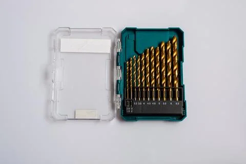 Drill Bit Set on White Background Stock Photos