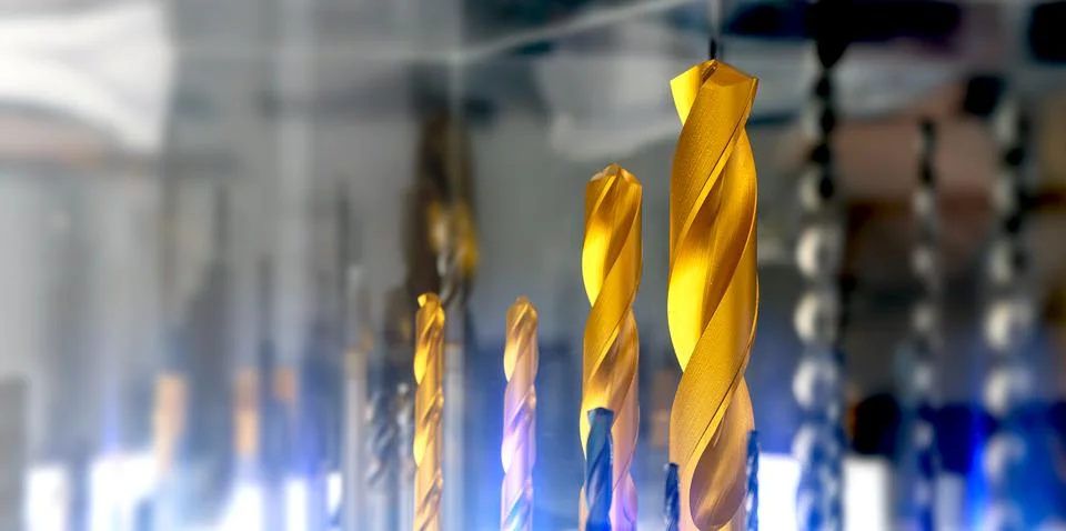 Drill bits close up wide image. High quality titanium drill bits for metal Stock Photos