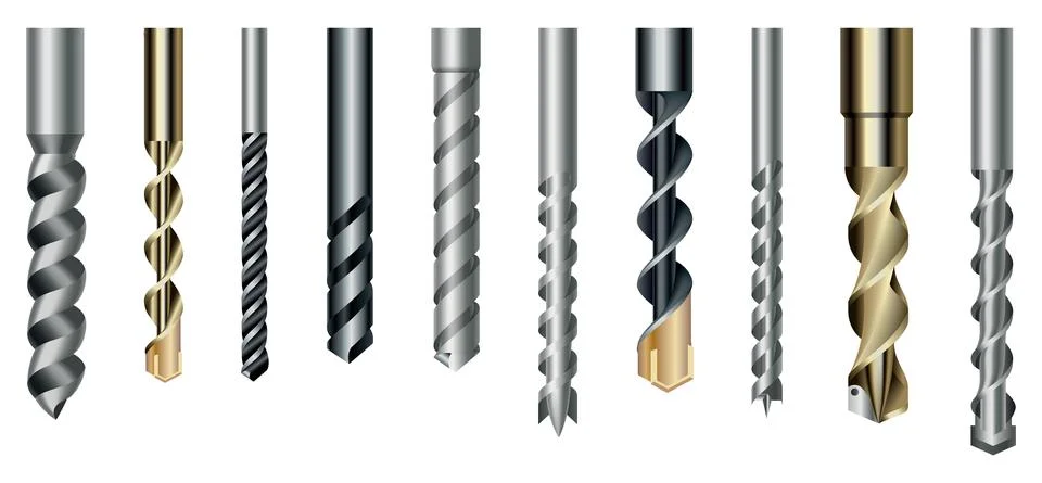 Drill bits set of steel or metal with different twist shapes. Collection Stock Illustration