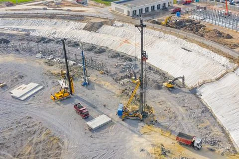 Drill, bore pile rig machine at the construction site aerial view. 스톡 사진