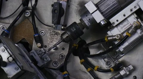 Drill Close Up, Tools, Equipment, Drill is Drilling the Holes, Production Line Stock Footage 53010914