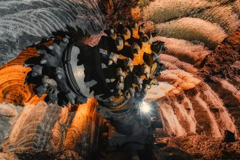 The drill head of a mine roadheader close-up. The drill is equipped with many Stock Photos