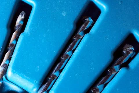 Drill inserted in a blue case. stock photo. 스톡 사진