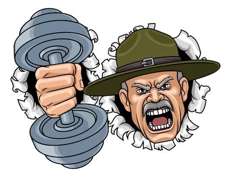 Drill Instructor Sergeant Weight Lifting Gym Man Stock Illustration