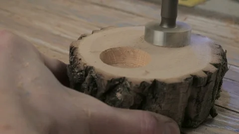 Drill machine Forstner drilling hole In stump Stock Footage 103594267