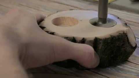 Drill machine Forstner drilling hole In stump Stock Footage 103594462
