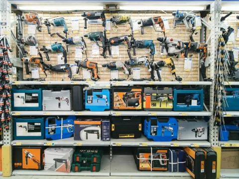 Drill press in building store 스톡 사진