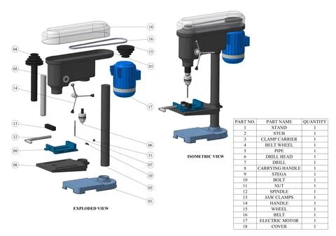 Drill press mechanical 3d modelling Stock Illustration