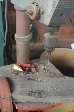 Drill Press in workshop with old tools Stock Photos