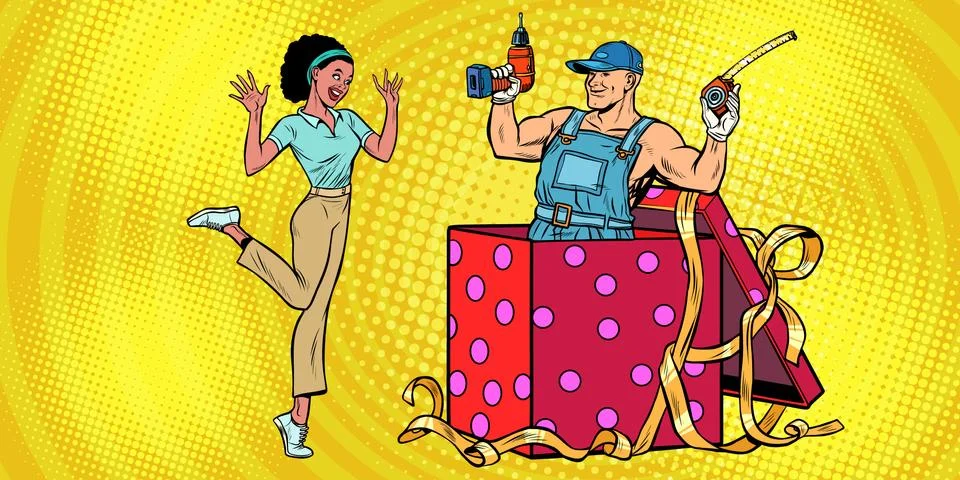 Drill worker holiday gift box. African woman funny reaction joy Stock Illustration