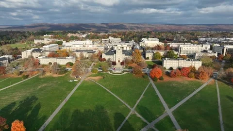 Drillfield lawn at Virginia Tech. High aerial truck shot above large, Stock Footage 257768415