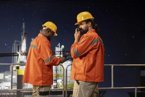 Drilling barge engineer using two way radio to coordinate emergency procedures Stock Photos