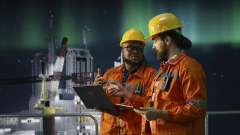 Drilling barge engineering team men analyze oil crisis logistics with laptop Stock Photos