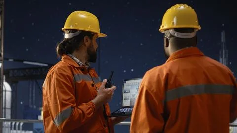 Drilling barge team using laptop to monitor malfunctions during oil crisis Stock Photos