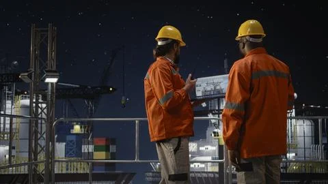 Drilling barge team using laptop to monitor malfunctions during oil crisis Stock Photos