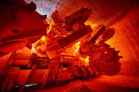 Drilling machine cuts mineral ore with blades in salt quarry Stock Photos