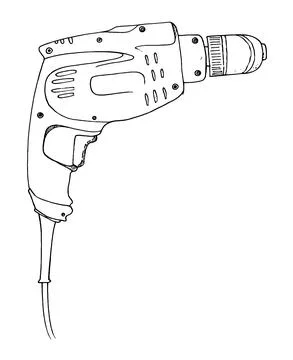 Drilling machine hand-drawn contour illustration. Electric portable drilling Stock Illustration