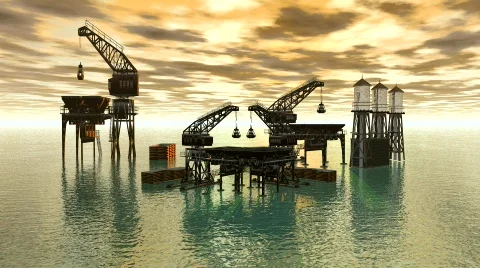 Drilling Platform in sea with clouds sky Stock Footage 610588