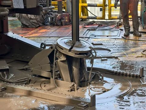 Drilling rig activity - Pull of of hole drill string with oil based mud Foto stock