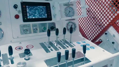 Drilling rig cabin with buttons, levers, pressure gauges and electronic display Video stock 330896304