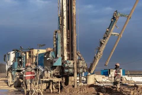 Drilling rig close-up at a construction site. Deep hole drilling. Photos