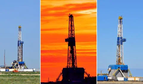 The drilling rig during sunset Stock Photos