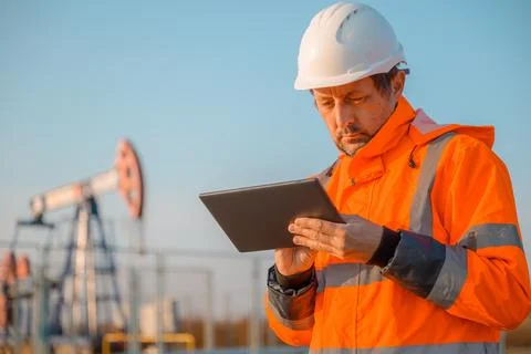 Drilling rig engineer using digital tablet computer while supervising the p.. Foto stock