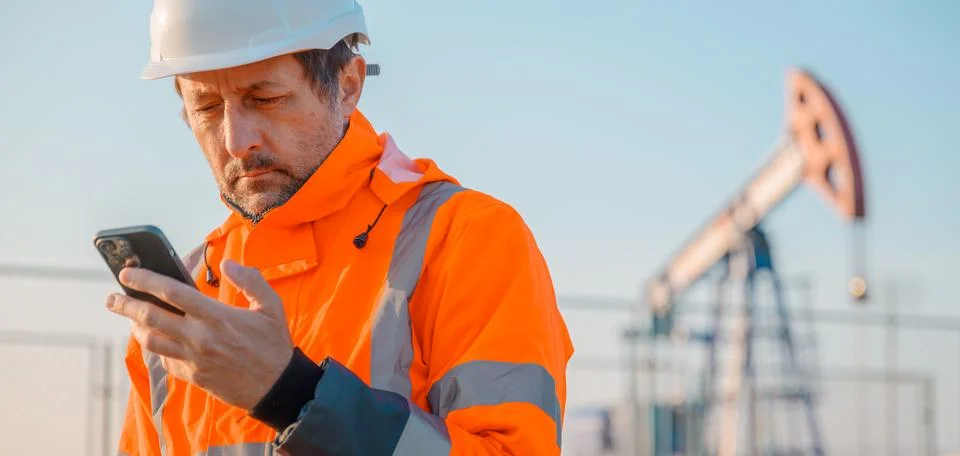 Drilling rig engineer using mobile phone while supervising the process of o.. Stock Photos