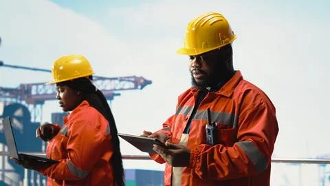 Drilling rig engineering team evaluates ocean contamination prevention systems Stock Photos