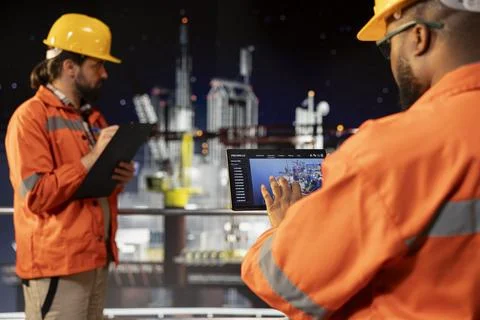 Drilling rig expert analyzing derrick performance on tablet dashboard screen Stock Photos