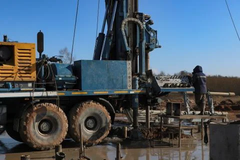 Drilling rig. Industry The device of deep wells for freezing soil. Stock Photos