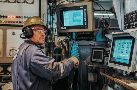 The drilling rig master monitors the process of drilling an oil well. Stock Photos