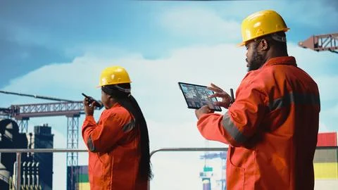 Drilling rig ship employee using tablet app to monitor equipment systems Foto stock