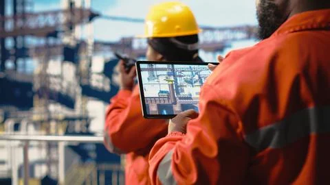 Drilling rig ship employee using tablet app to monitor equipment systems Stock Photos