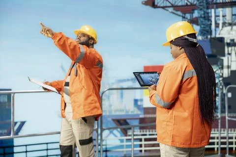 Drilling rig technicians brainstorming, using software for anomaly detection Stock Photos