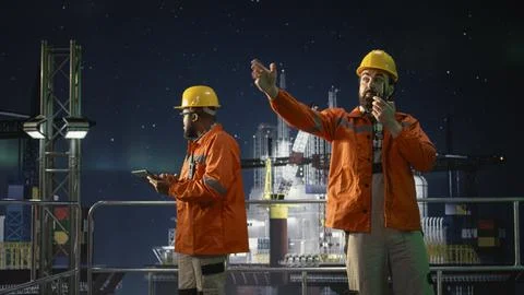 Drilling rig worker doing radio coordination during global energy embargo Stock Photos