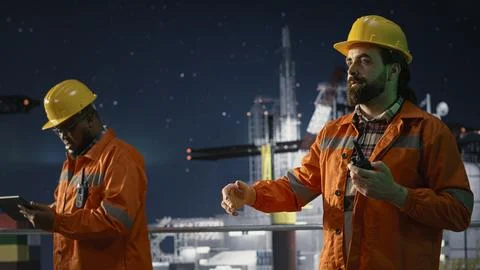 Drilling rig worker doing radio coordination during global energy embargo Stock Photos