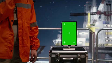 Drilling rig worker uses green screen laptop software Stock Footage 336202258
