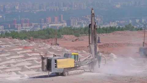 Drilling Rig Working in Open Pit Quarry Near City, Industrial Dust, Air Pol.. Stock Footage 340178787