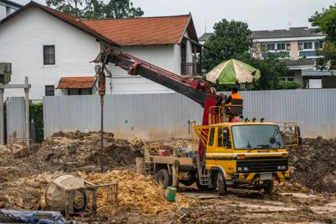 Drilling rigs for the construction of building foundations. Construction work Stock Photos