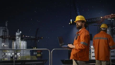 Drilling ship men using laptop to monitor defects during war causing oil crisis Stock Photos